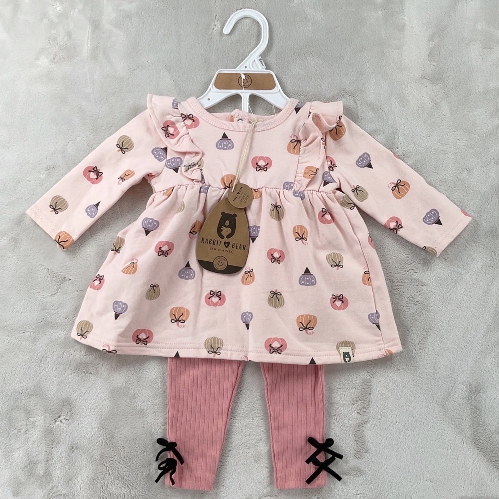 Rabbit + Bear Organic Pink Pumpkin Ruffle Dress and Ribbed Leggings Set 3-6M